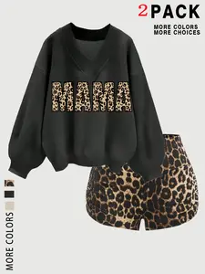 Women's Leopard Print Casual Soft Sweatshirt Set, Long Sleeve Womenswear Casual Everyday Fall Winter Round Neck Pullover Tops, Fashionable Letter Pattern Mama, Perfect Gift for Mom & Aunt