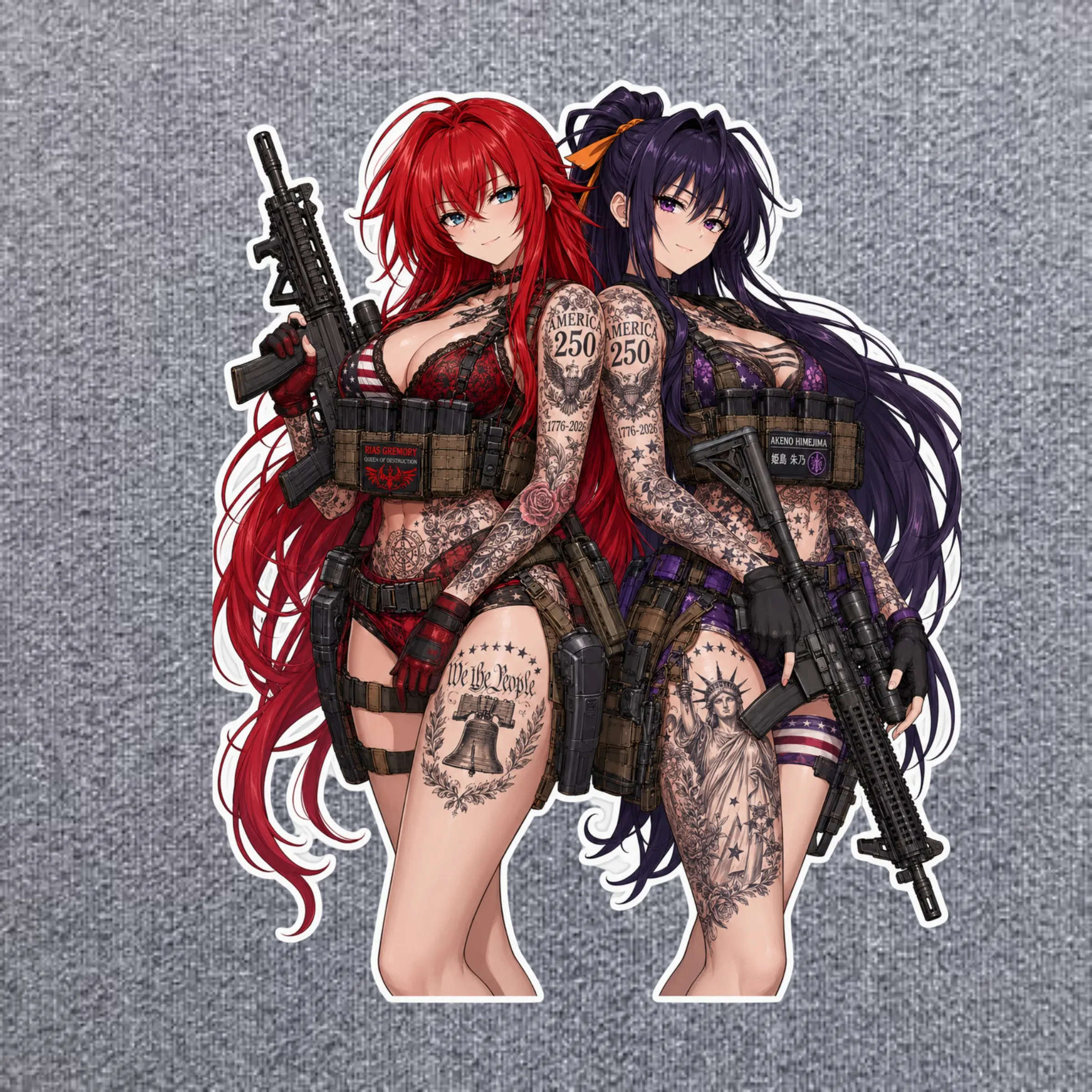 Rias x Akeno Tactical Waifu Duo Sticker, 250 Years of Freedom Anime Art Decal, Patriotic Anniversary Design for Laptop, Bottle