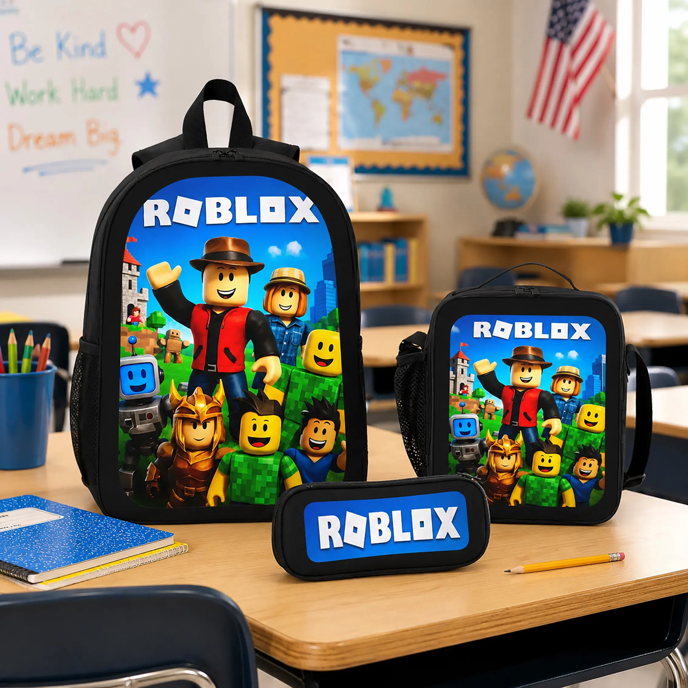 Roblox Backpack Set Durable Polyester School Bookbag Lunch Bag Pencil Case Lightweight Travel Daypack Back To School Supplies For Kids Boys Girls Teens Students Gamer Gift