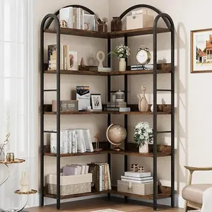68.5" Tall 5-Tier L-Shaped Geometric Arch Corner Bookshelf, Arched Cabinet Bookshelf with Metal Frame & Adjustable Inches, Quick Setup Space-Saving Retro Indoor Furniture for Living Room, Bedroom