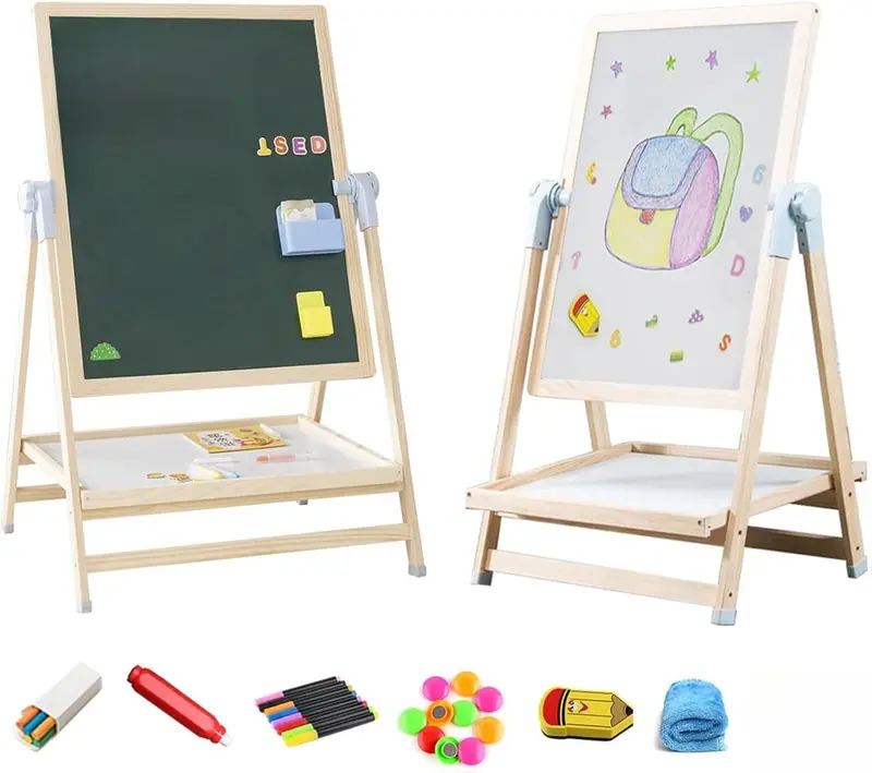 ADENA MONTESSORI 2-in-1 Adjustable Wooden Standing Art Easel & Toys Table for Kids 3-8 Years Old - Dual-Sided Magnetic Design with Storage Shelf & Accessories for Creative Play and Learning