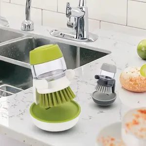 Soap Dispenser Dish Brush Palm Brush Scrub Brush Equipped with Storage Bracket and Drainage Base,Easy to Clean Kitchen Utensils and Sink, Includes a Replaceable Brush（Green）
