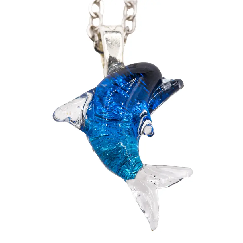 Blue Dichroic Glass Dolphin Pendant Necklace – Handmade 1.25″ Ocean-Inspired Pendant on 21″ Sterling Silver Chain