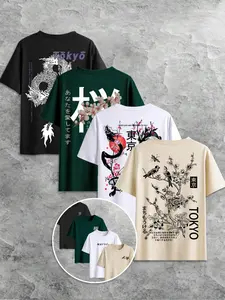 Men's Japanese Print Cultural Classic Short Sleeve Tee, Regular Fit Casual Crew Neck T-Shirt for Summer, Men's Top for Daily Wear, Tropical, Menswear
