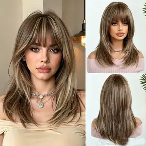 18 Inch Balayage Brown Layered Synthetic Wigs with Bangs Medium Length feather cut wig Natural Straight Blonde Highlighted Hair Wig for Women Heat Resistant Fiber Glueless Suitable for Ladies Daily Cosplay Party Use
