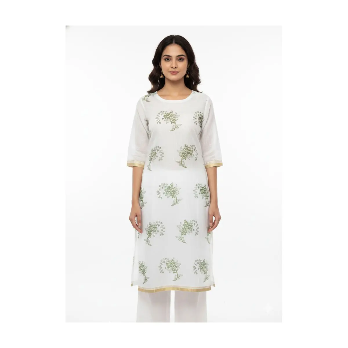 White Floral Kurta Top with Gold Trim (3/4 Sleeves) #Top-75