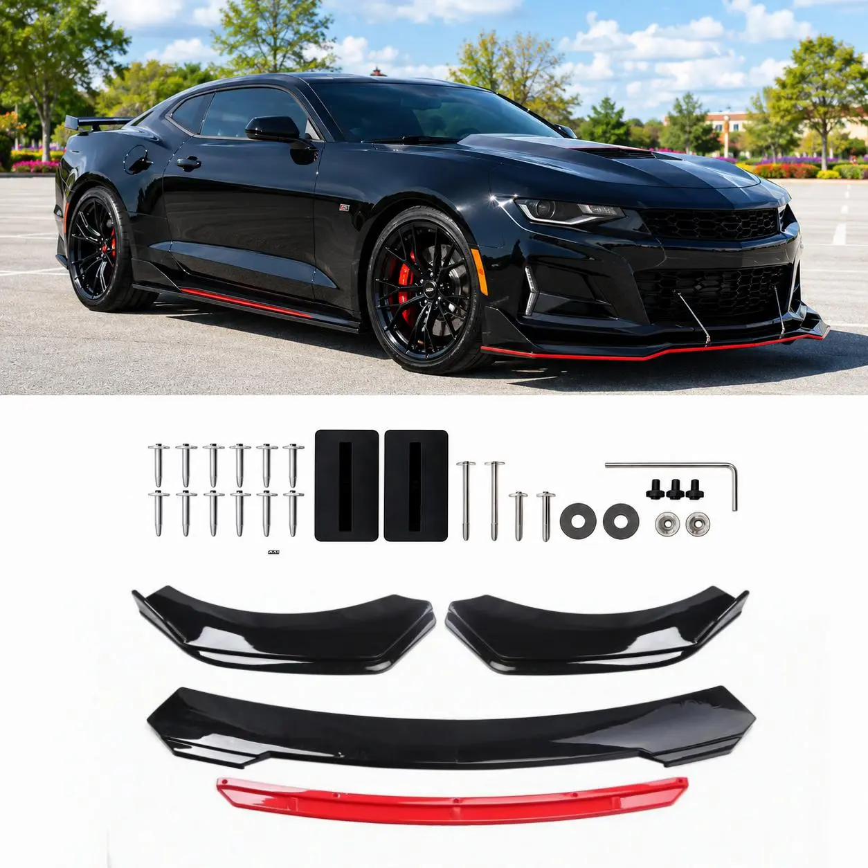 Universal ABS 3-Piece Car Body Kit - Glossy Black Front Bumper Lip Spoiler, Side Skirt Extensions, Anti-Collision Air Dam Protector for Sedans, SUVs, Easy Exterior Modification, Adjustable Fit (Up to 1.9M/6.2FT Wide, Adds Aggressive & Stylish Look)