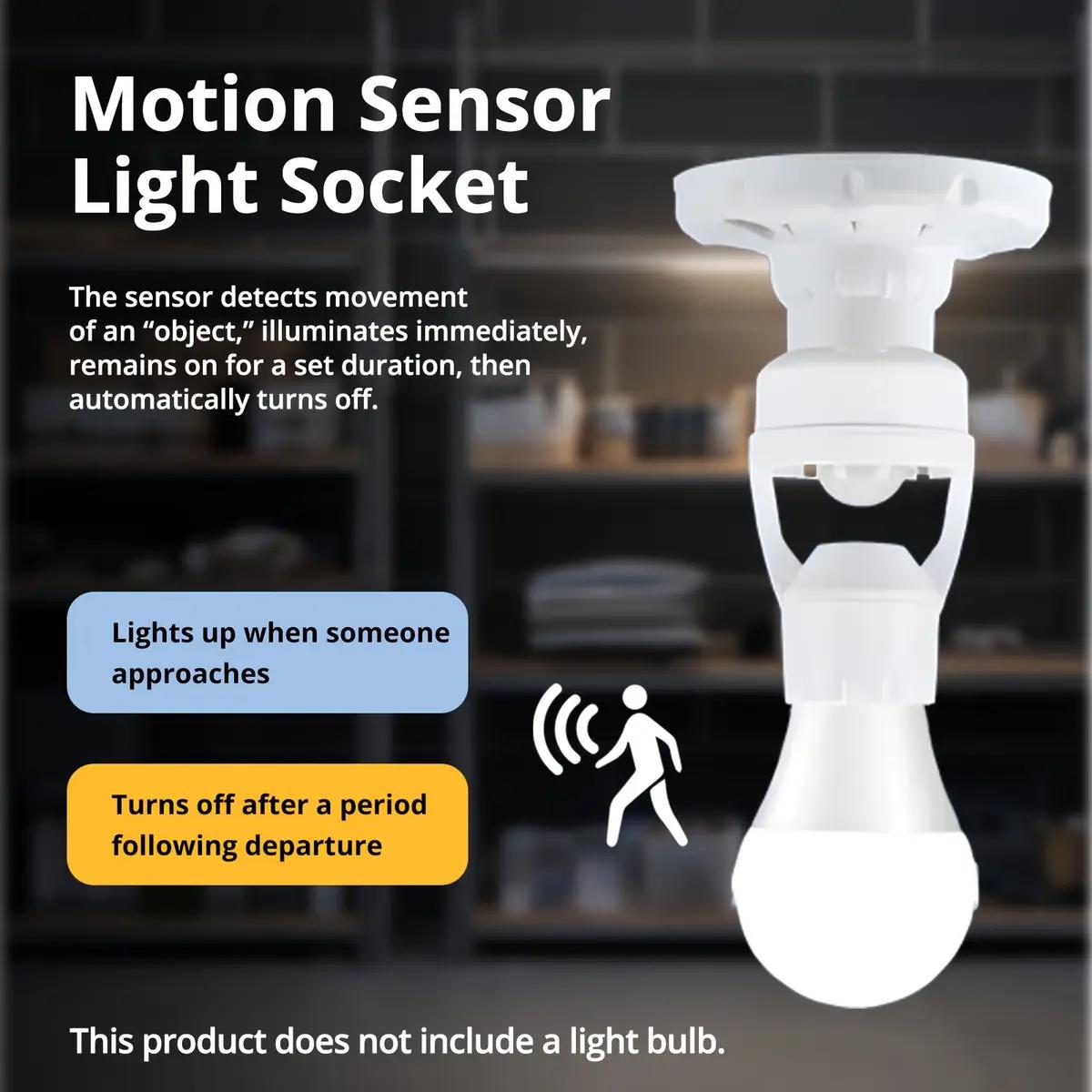 Motion Sensor E27 Socket Adapter with Human Body Infrared Detection, 6m Detection Range, Auto On/Off, No Wiring, High Sensitivity for LED/CFL Bulbs (85-265V),Ideal for Porch,Garage,Yard & Outdoor Security Lighting - Smart Home, Energy-Saving,Easy Install