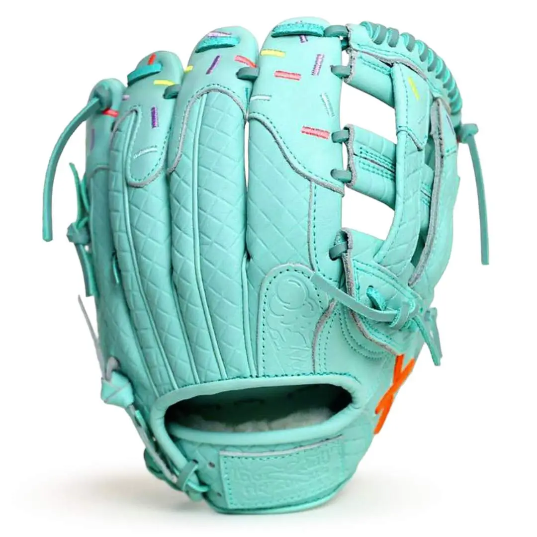 Leather Softball Glove, Mint Dipped Design, Fine Point Embroidery, Suitable for Baseballs, 12-Month Durability Guarantee, 30-Day Return Policy, Handmade Craft, Baseball Glove