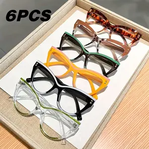 6PCS Women's Fashion Vintage Square Cat Eye Reading Glasses, Square Frame Eyeglasses, +1.0 to +4.0 Strength, Lightweight Durable PC Material, Daily Use, Trending Eyeglasses, Square Eyed Glasses