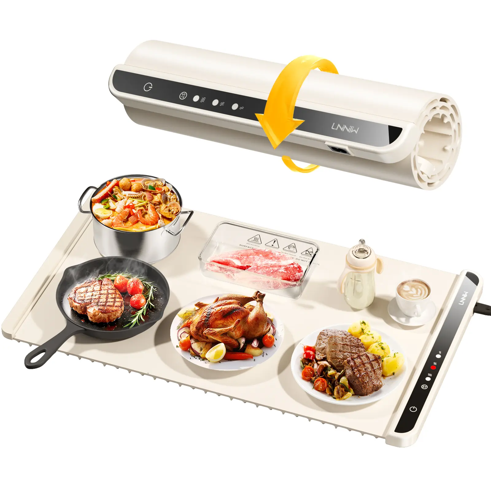 Electric Food Warming Mat - 36" x 15", Food-Grade Safe Material, 6 Temperature Settings, Timer, Fast Efficient Heating, Rollable Portable Design - For Leftovers, Daily Dining, Tray, Coffee Use, Tabletops
