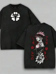 Black Clover Asta Graphic T-Shirt, Vintage Washed Distressed Oversized Anime Tee, Retro Five-Leaf Clover Demon Power Streetwear Top for Men Women, Anime Lover & Black Clover Fan Gift Shirt