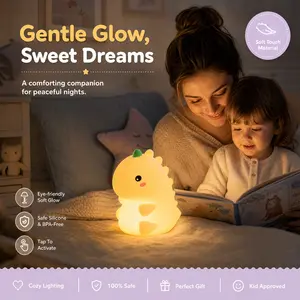 Cozy Dinosaur Silicone Night Light, Gentle Glow Kids Touch Lamp for Nursery & Bedroom, USB Rechargeable Dimmable LED Light, Safe BPA-Free Silicone, Cute Animal Nightlight as Baby Sleep Companion