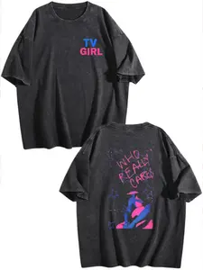 Who Really Cares Graphic Tee, Indie Pop Band Tour Shirt, Vaporwave Aesthetic Streetwear, Washed Black Unisex Music Fan T-Shirt