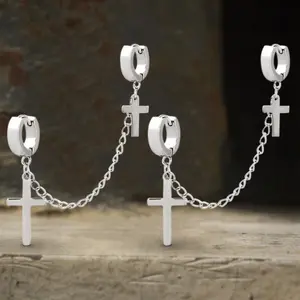 GTHIC Silver Color Punk Cross Tassel Stainless Steel Earrings for Men Women Daily Wear Statement Jewelry