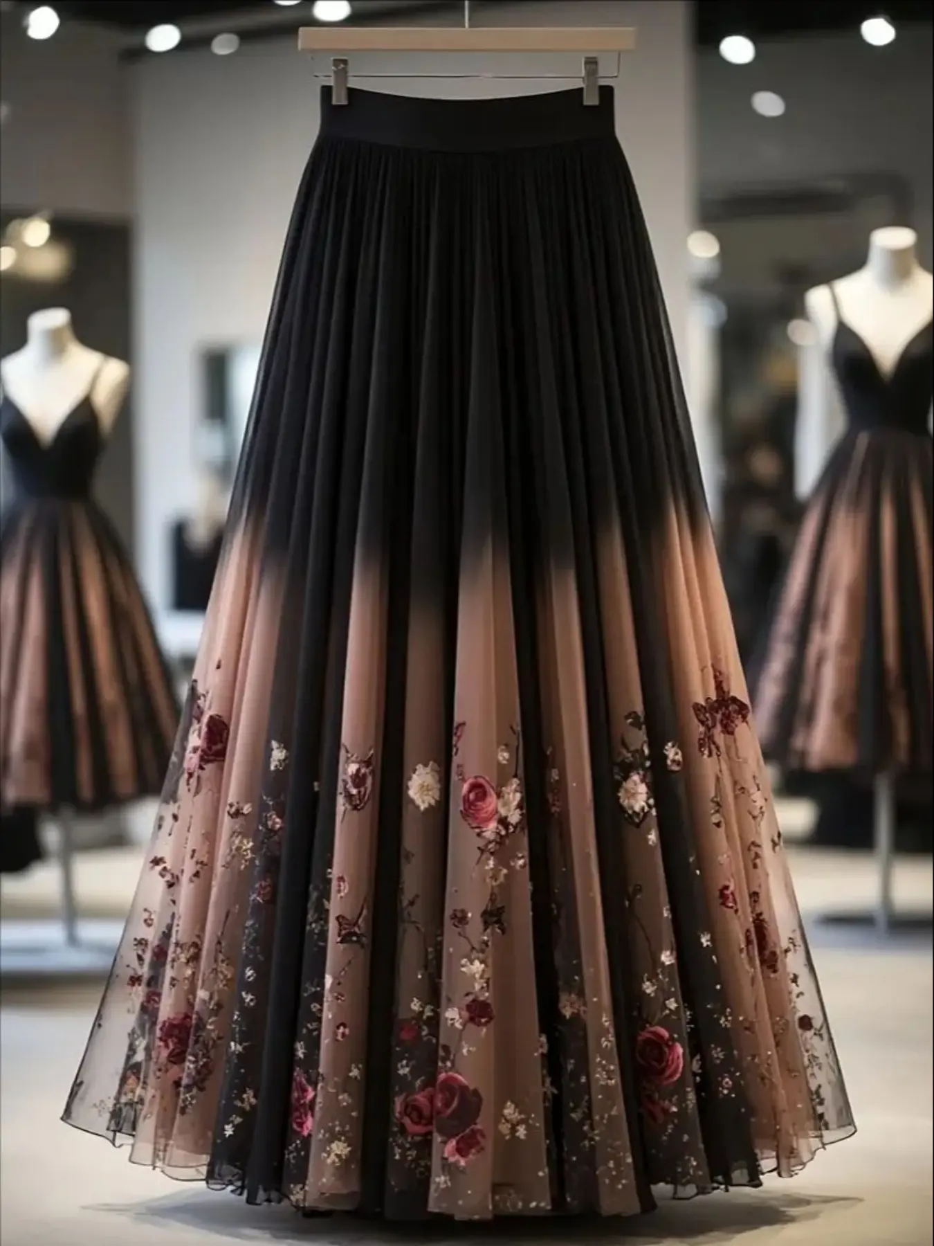 Elegant Rose Print Mesh Lightweight Fitted Half Body Skirt, Long Floral Pattern Dress, Women's Fashion Clothing, Perfect for Parties & Special Occasions, Breathable Tulle Skirt, Floral Printed Skirt