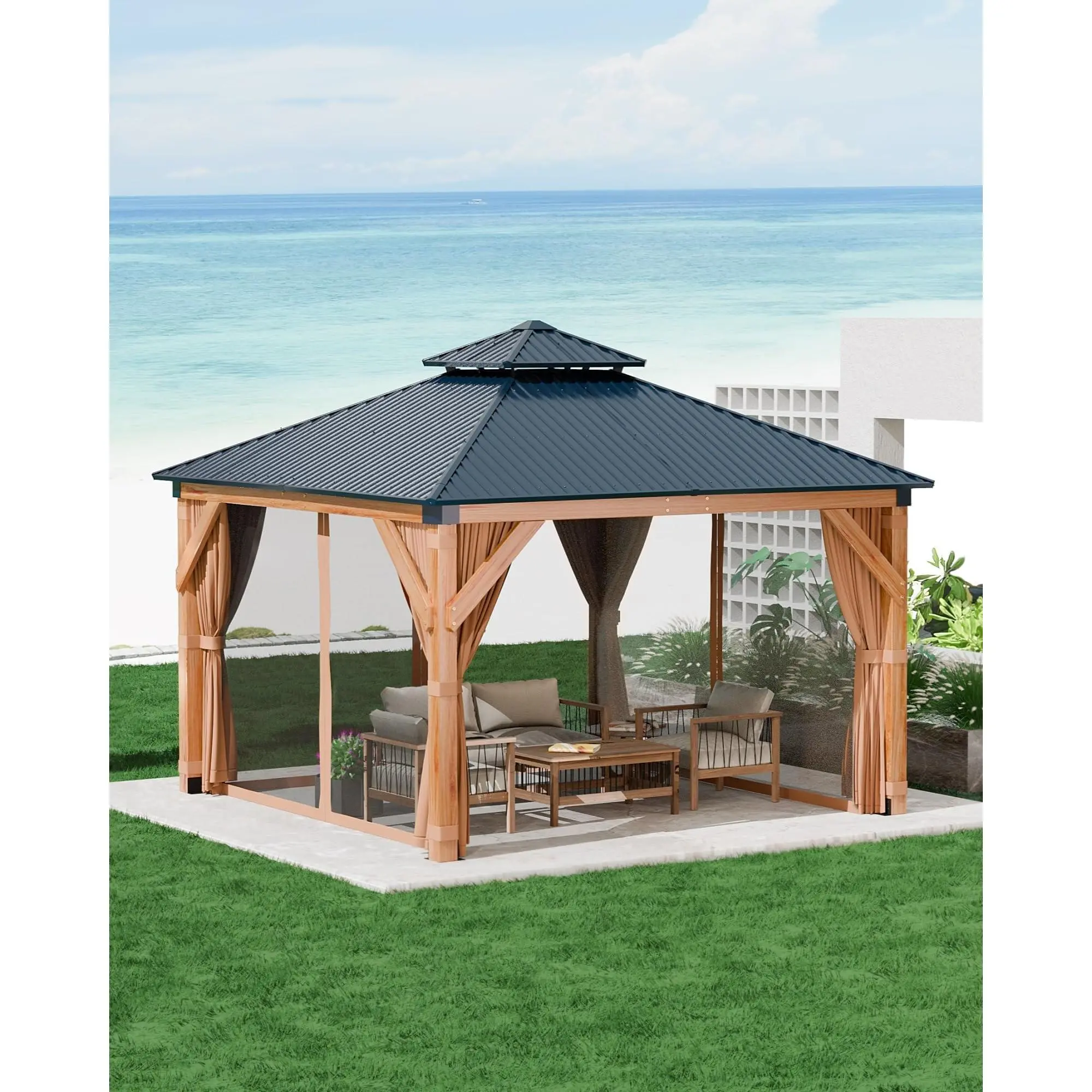 10x10 ft Square Cedar Wood Hardtop Gazebo, Outdoor Canopy with Double Metal Roof, Heavy Duty Frame, Net & Curtains - All Weather Patio Shade Permanent Pavilion for Patio, Backyard