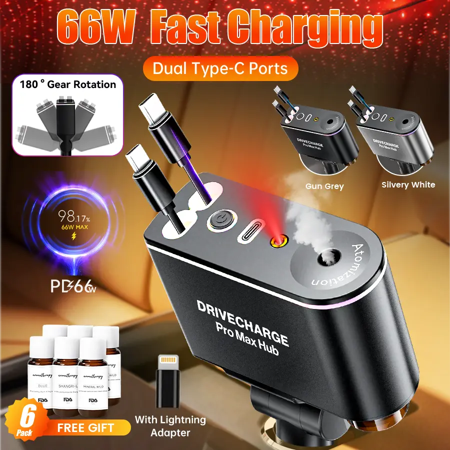 PD66W Car Fast Charger Pro, with Air Aromatherapy Diffuser-Free, Vehicle & Travel, Features Intelligent Sensing & Atmosphere Lighting, Starlight Headliner Car Charger, phone one hour charger