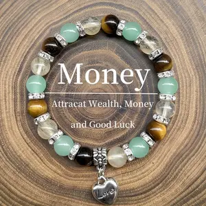 Money & Success Crystal Bracelet - Wealth Abundance Prosperity Attraction with Heart Charm for Good Luck
