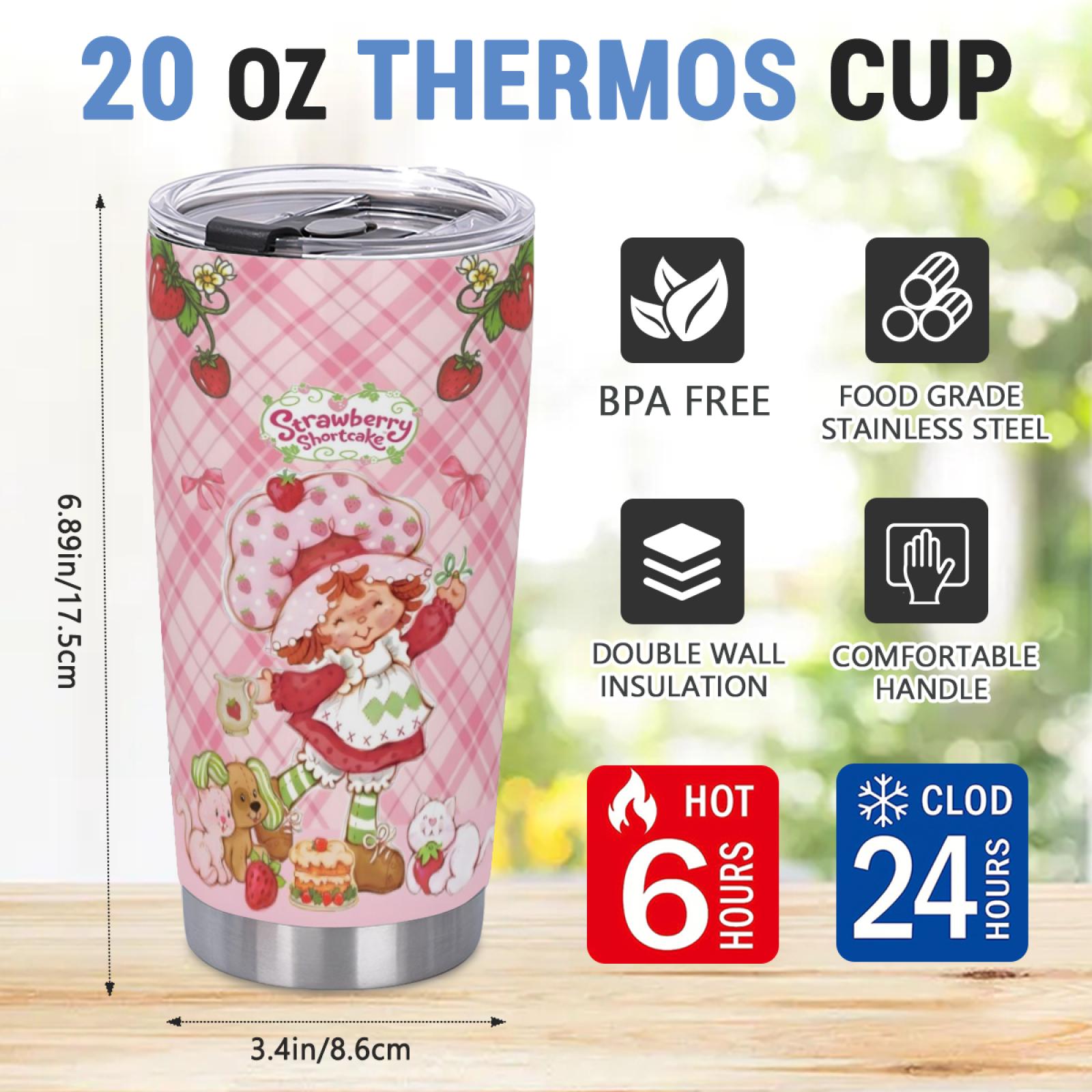 20oz Stainless Steel Tumbler Strawberry Shortcake Pattern Insulated Water Bottle Stainless Steel Thermos Drinking Cup Home Office School Gift Drinkware Summer Cool Bottle TikTok Viral Leakproof Reusable Eco Travel Mug Gift Idea