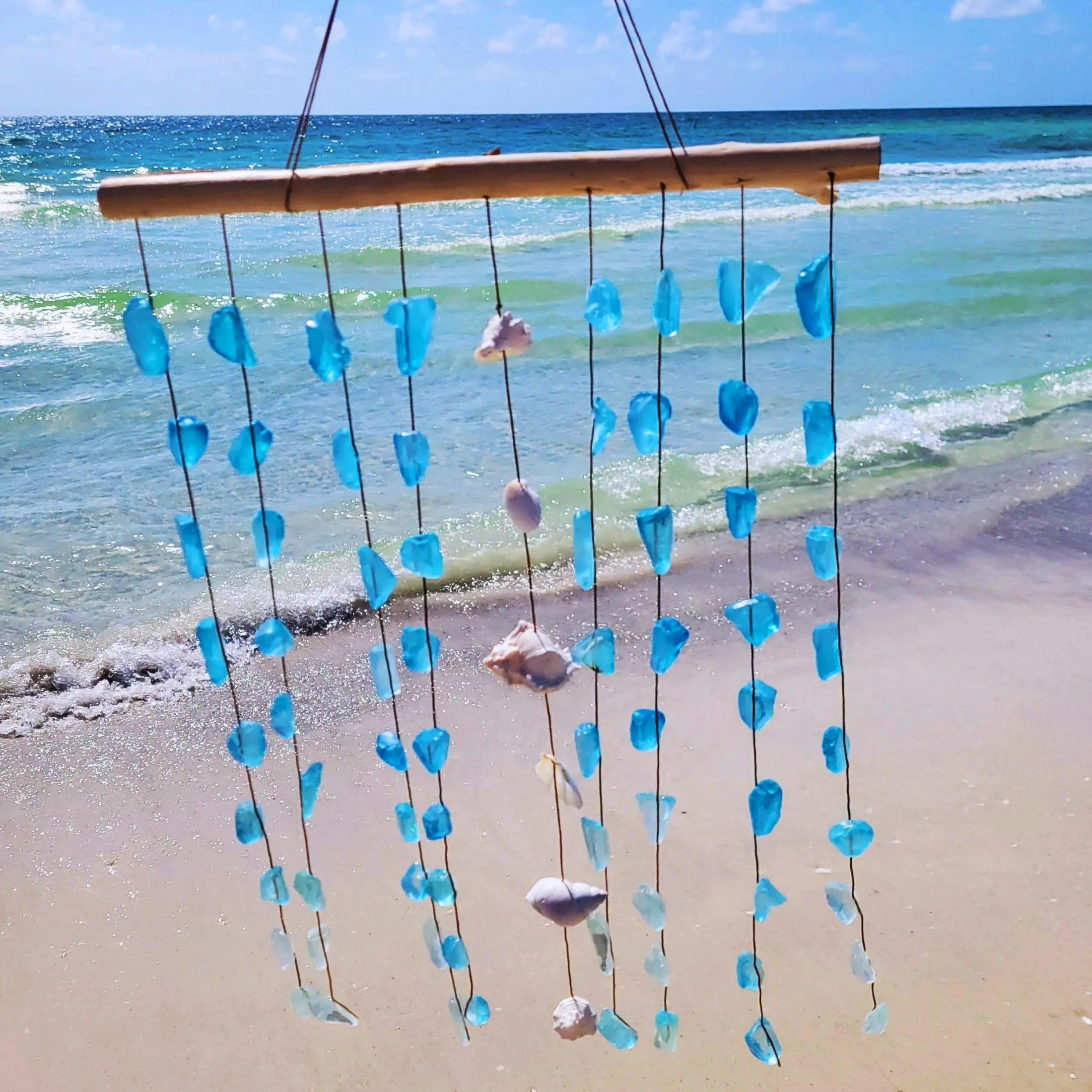 Blue Sea Glass Hanging Wind Chimes Wall Art, Handcrafted with Natural Seashells & Blue Seaglass & Driftwood