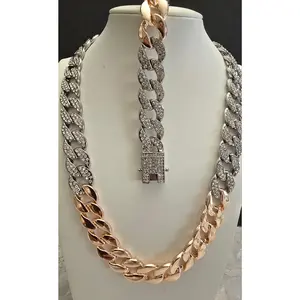 Cuban Style Double Tone Plain Rose Gold/Silver Necklace and Bracelet, 15MM (1/2 inch) Bling Iced Out