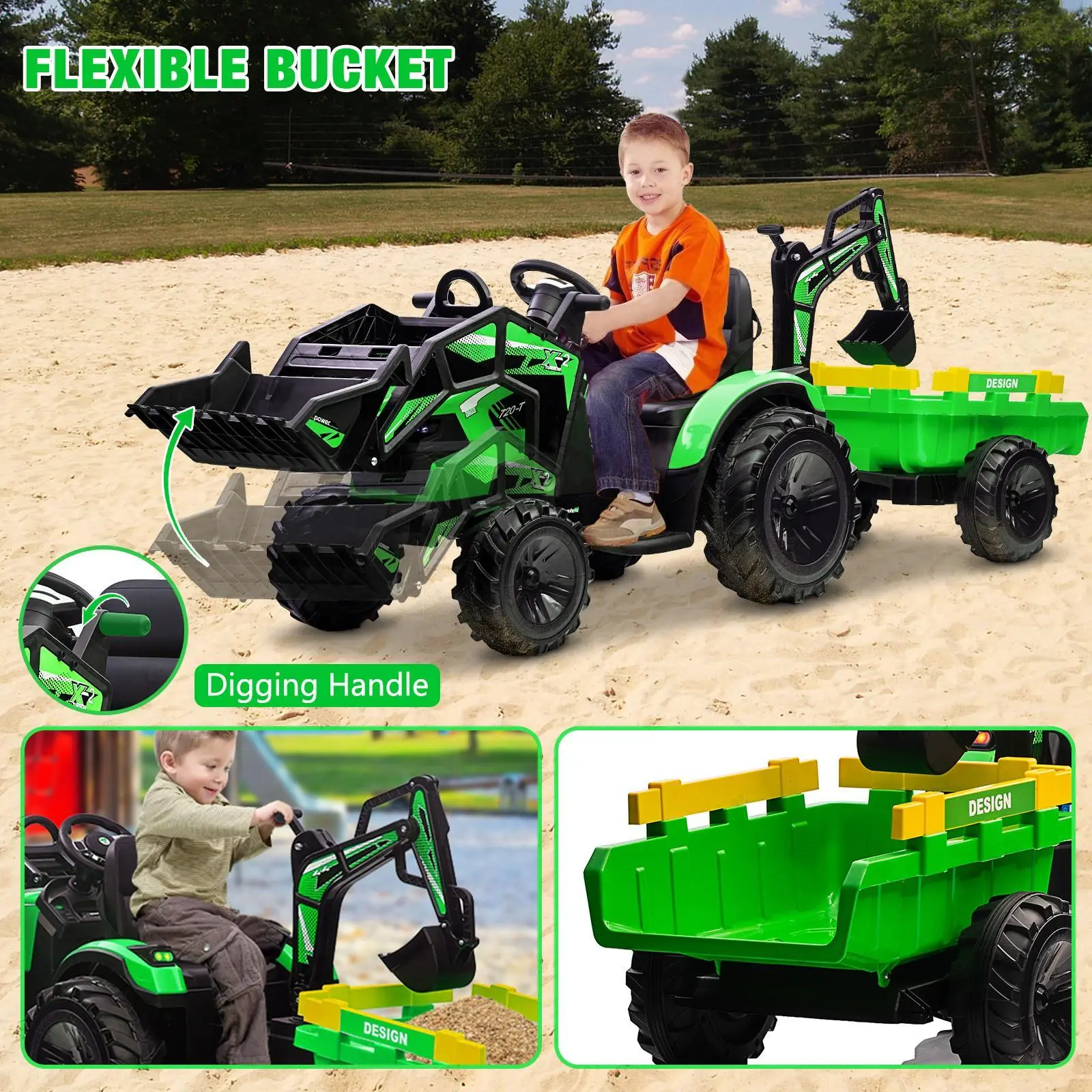 Green 24V Kids 3 In 1 Ride On Construction Vehicle Excavator Bulldozer Tractor With Remote Control Led Lights Music Usb And Safety Features Green Truck Folding Kick Scooters