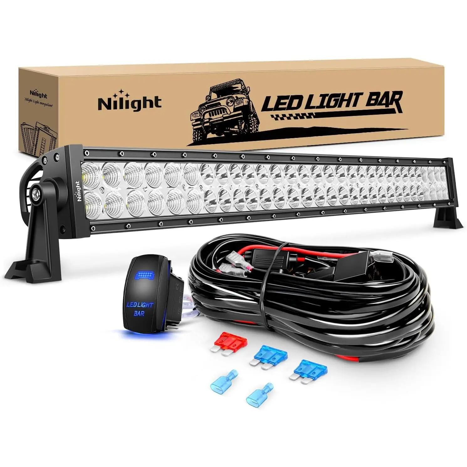 Nilight 32Inch 180W Universal Waterproof Offroad Driving Light Bar - Spot-Flood Combo, 12V Aluminum LED Car Lights with 5-Pin Rocker Switch & Wiring Harness Kit, Driving Lights