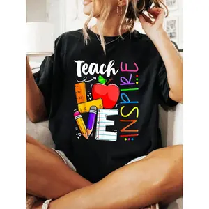 Women's Cotton Round Neck Short-Sleeve Casual Tshirt with Casual Letters Print "Teach Love And Inspire" - Comfortable Sports Top for Teachers, Spring Summer Outdoor Attire