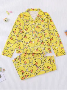 Cartoon Duck Pajama Set, Cartoon Print Pajama, Long Sleeve Button Front Shirt & Pants, Cute Sleepwear for Boys & Girls