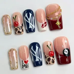 Unique New York Press On Nails with Cheetah Print, Cherry, Gold Charms, Prom Holiday, Vacation Nails, Short Nails