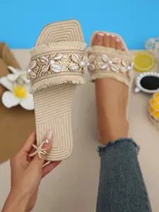 Boho Shell Pearl Fringe Sandals, Square Toe Open-Toe Flat Slippers, Summer Vacation Beach Shoes, Women's Comfortable Footwear, Casual Summer Sandals
