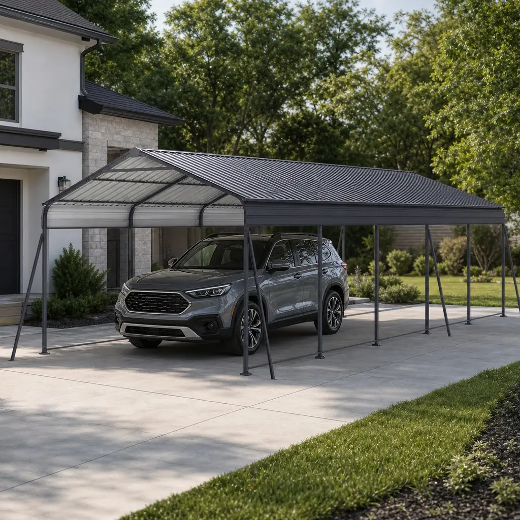 Heavy Duty Metal Carport 13x26.5 FT Garage Canopy with Galvanized Steel Roof & Powder Coated Steel Frame, Gray Outdoor Storage Shed for Car Truck Boat, Weather Resistant Shelter with Anchors, Gray Color Options, Metal Material