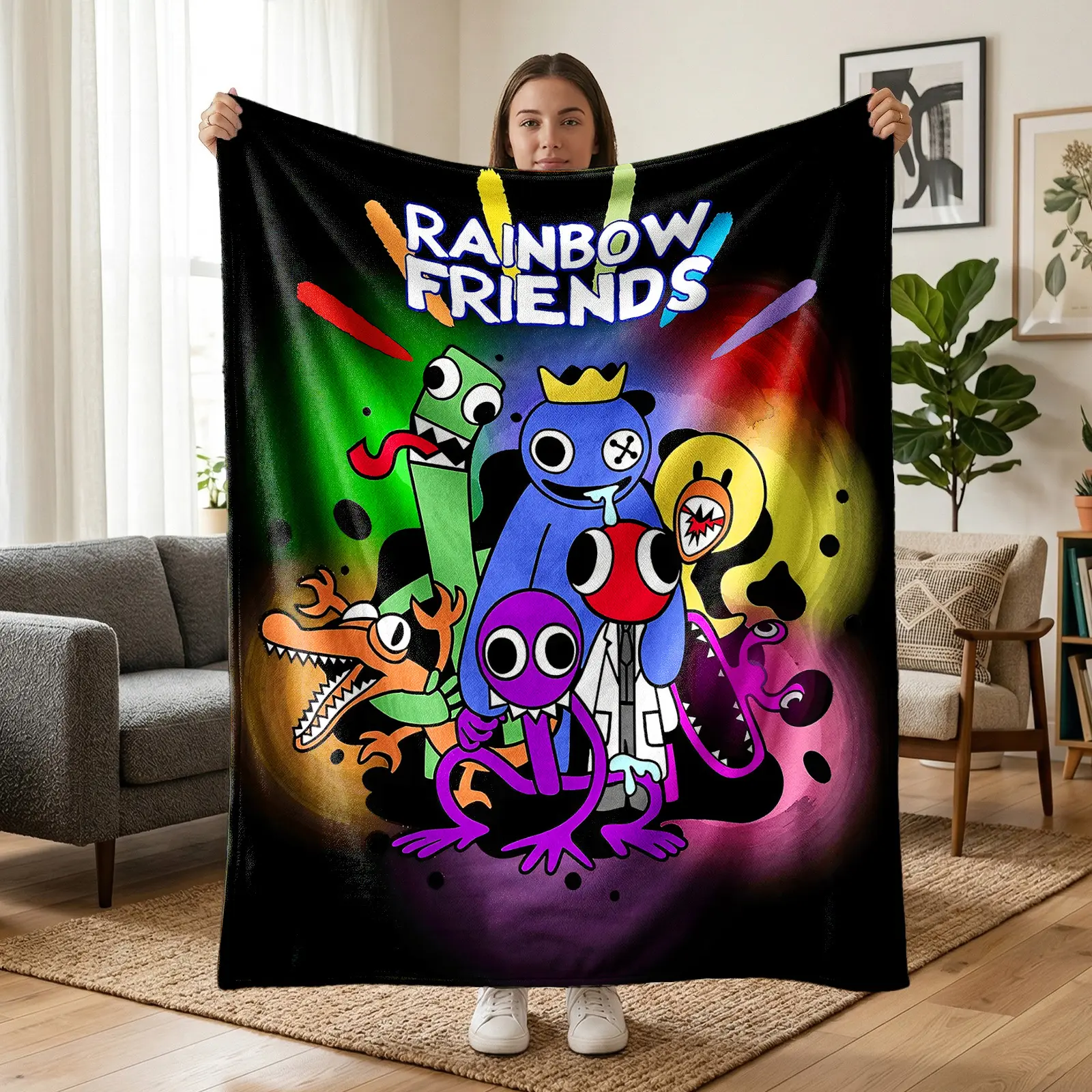 1pc Rainbow Friends Game Character Fleece Blanket, Full Monster Collage Print With Black Rainbow Gradient Background, Cool Dark Game Style. Soft Warm Multi-use Throw for Sofa, Bed, Office, Camping, Ideal Gift for Birthday, Christmas & New Year.