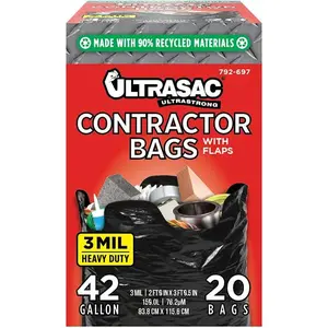 Contractor Bags 42 Gallon (20 PACK/w FLAP TIES), 32.75 x 44.5 3 MIL Thick Large Black Heavy Duty Industrial Garbage Trashbags for Professional Construction and Commercial use