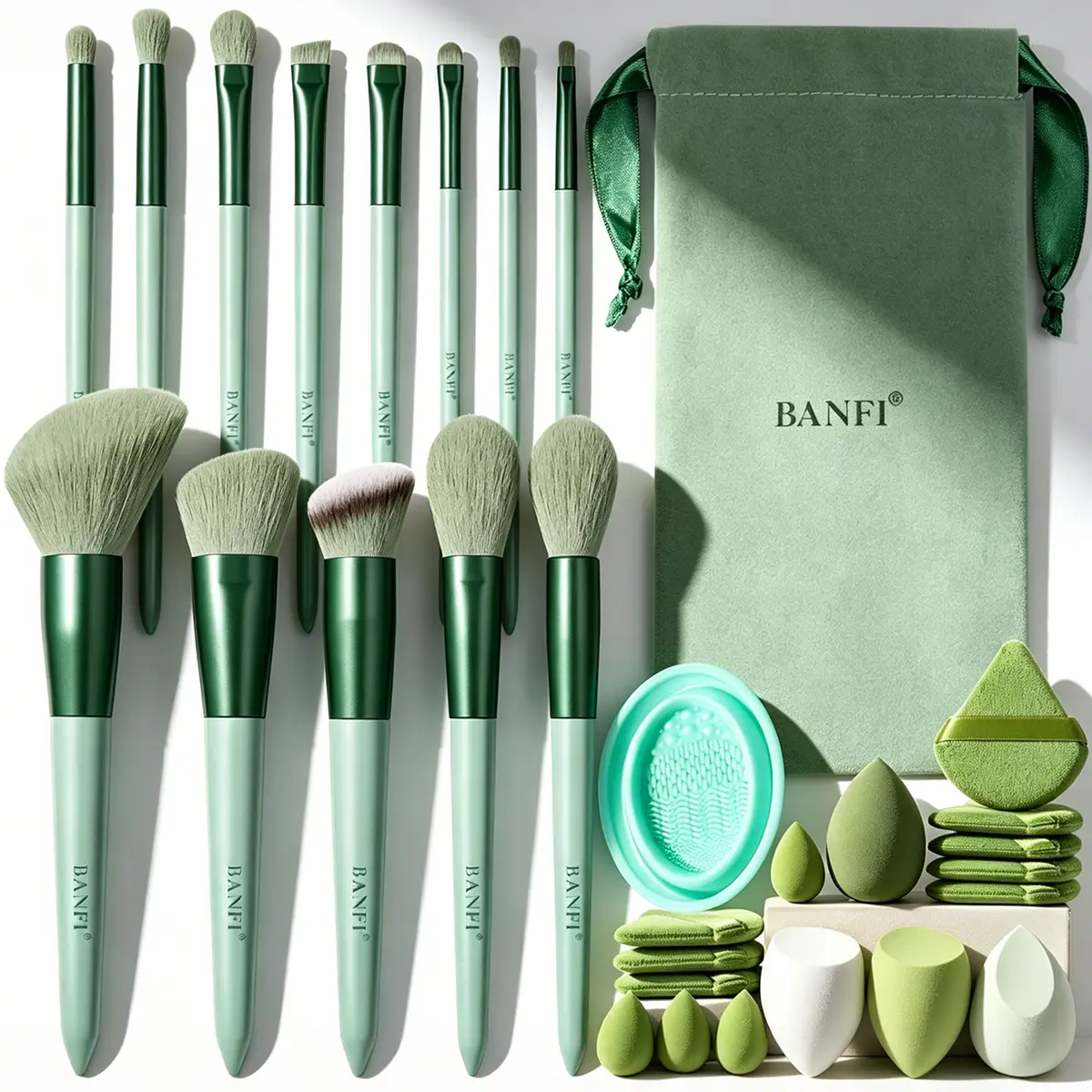 Green Complete Makeup Brush Set Soft Synthetic Face Eye Brushes With Velvet Storage Bag Beauty Sponges Powder Puffs Silicone Brush Cleaning Mat All In One Makeup Tools Kit For Beginners Daily Travel Makeup