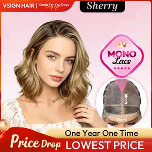 [Sherry] VSIGN Monofilament Handmade Wig Short Wave Ash Blonde Highlight Sacndi Hairline 9×6 Full Mono Lace Hand Tied Top Wig Bendy Ear Tabs Velcro Adjustment Air Cap Glueless Lace Front Wig Synthetic Heat Resistant Fiber Summer Vibes Deals For You