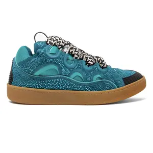 Lanvin Petrol Blue Multi Strass Leather Curb Casual Trainer, Men's Sports Shoe, Stylish Footwear