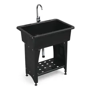KARLHOME 20 Gal Versatile Use Washing Sink with Faucet, Drainboard, Movable Storage Shelf, Pre-Drilled Design, Eco-Friendly Build, Stainless Steel-Sturdy Legs for Laundry Room, Garage