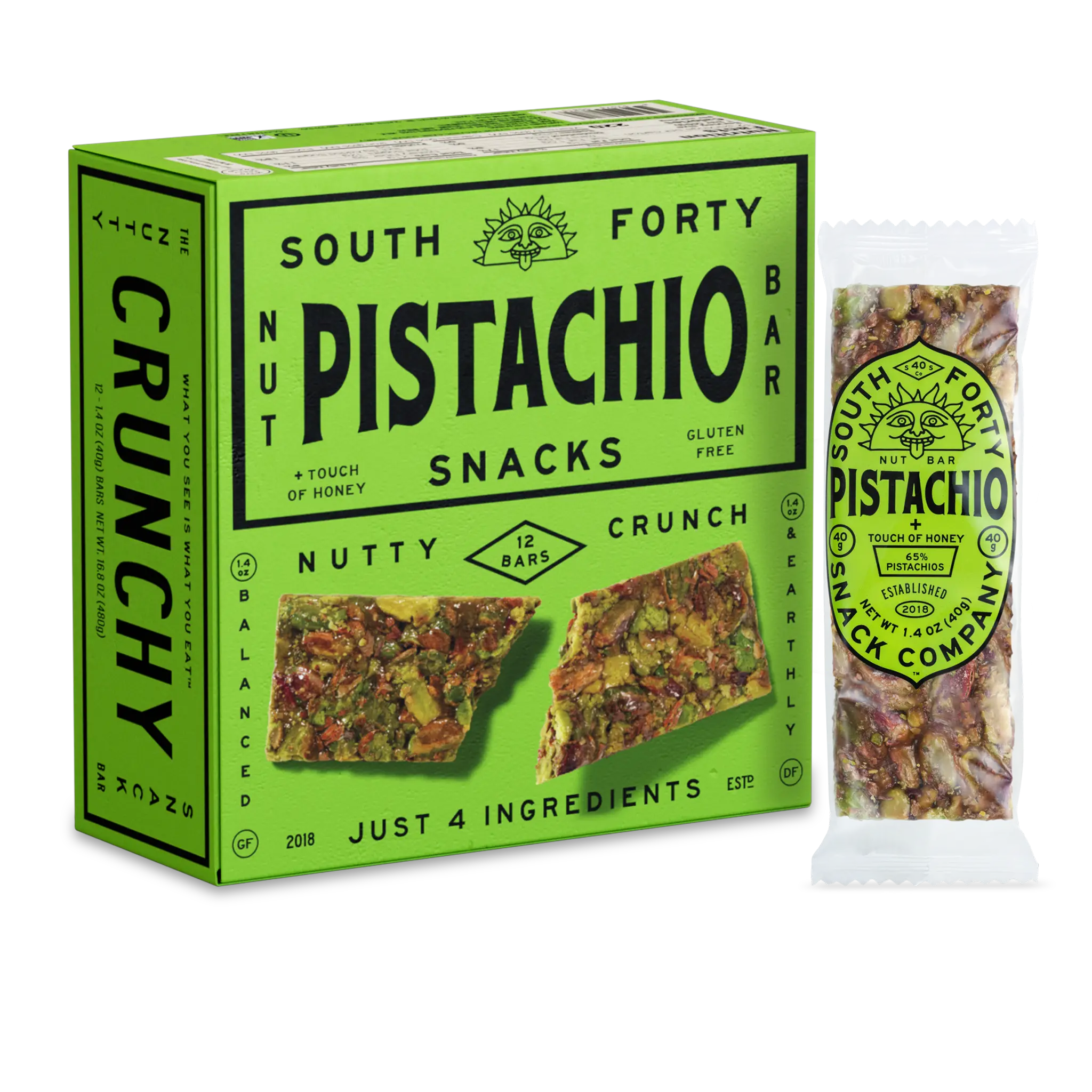 South Forty Pistachio Crunchy Nut Bars 12 Pack, Premium Healthy Snack Bars, Crunchy Protein Style Energy Bars, Natural Pistachio On-The-Go Snack