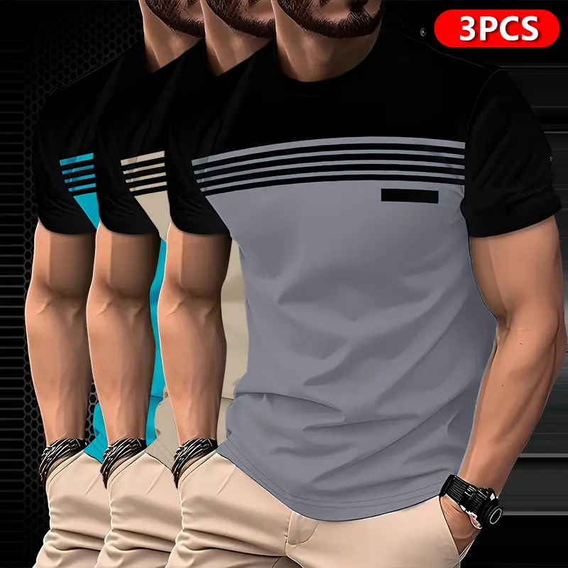 3-pack men’s striped print short-sleeve T-shirts — soft crew neck streetwear tops — lightweight casual everyday shirts suitable for parties, outfits, and relaxed office wear; casual apparel with a classic crew neck,Fathersdaygift