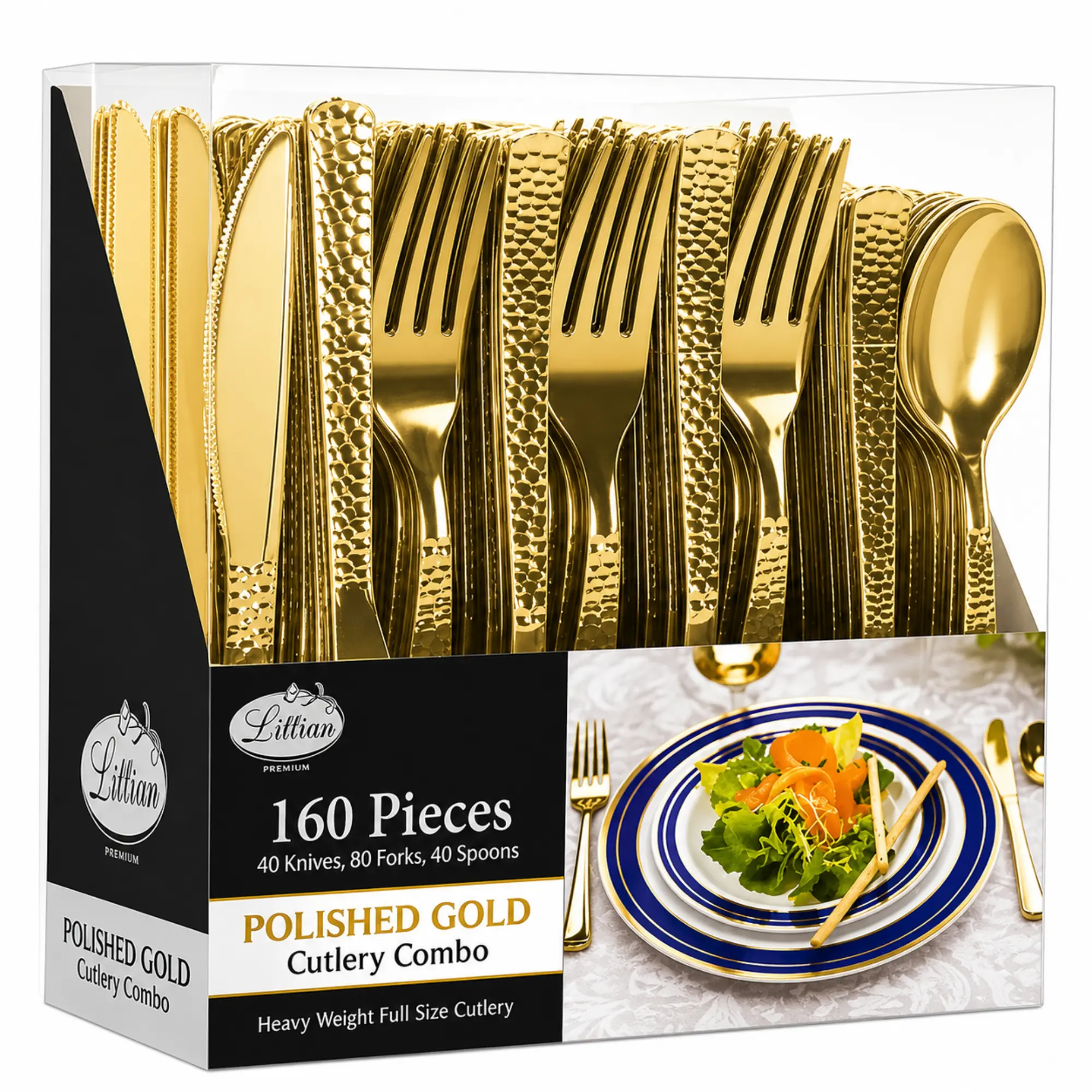 VeZee Lilian Strong Stylish Hammered Heavyweight Gold Plastic Cutlery Set, 160-Piece Tableware Combo Pack - 80 Forks, 40 Knives, 40 Spoons - Premium Disposable-Reusable Flatware for Wedding Party