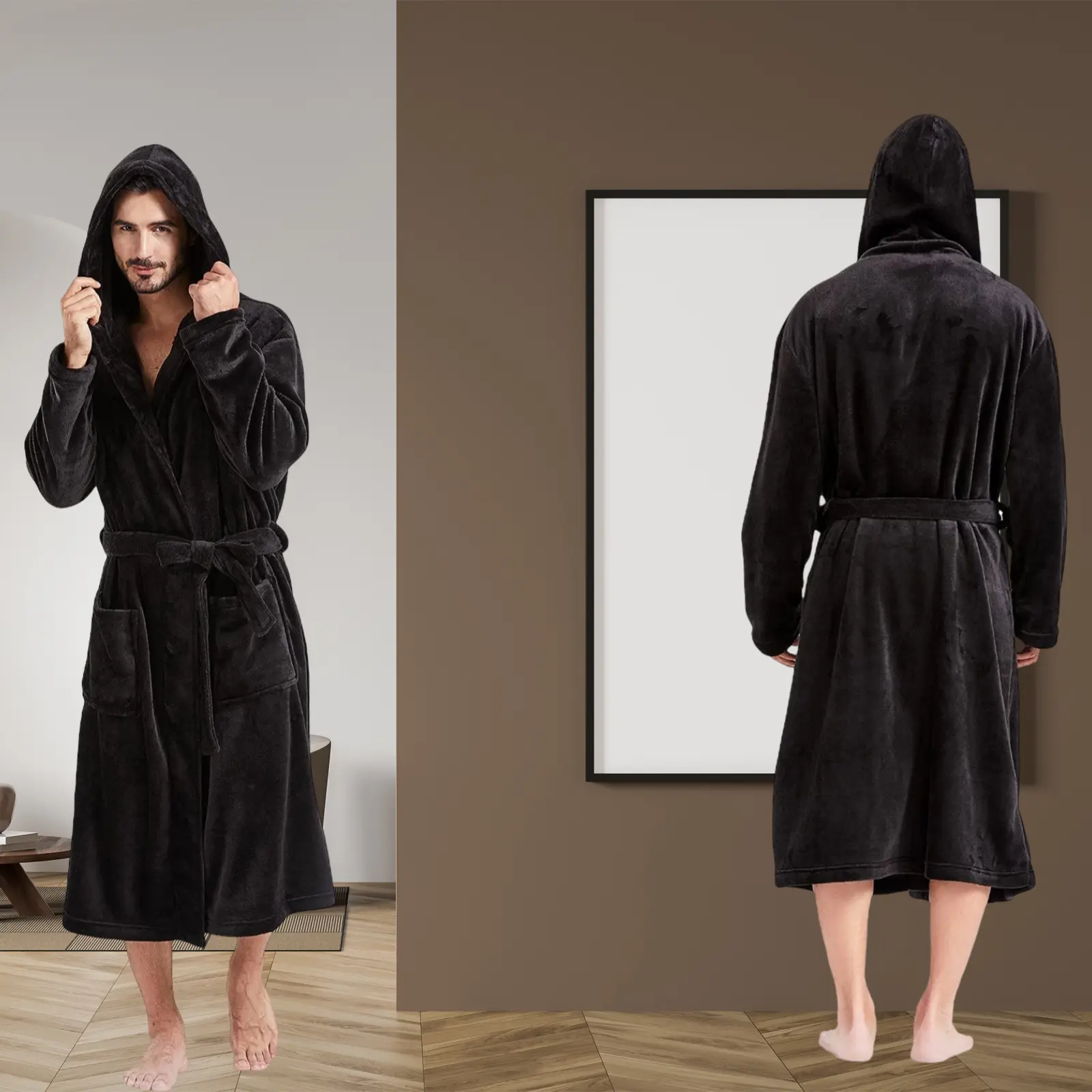FashGudim Mens Hooded Robe Plush Shawl Collar Kimono Bathrobe Soft Warm Flannel Fleece Spa Robes House Coat Pajamas Plush Hooded Menswear Belt Loungewear Big
