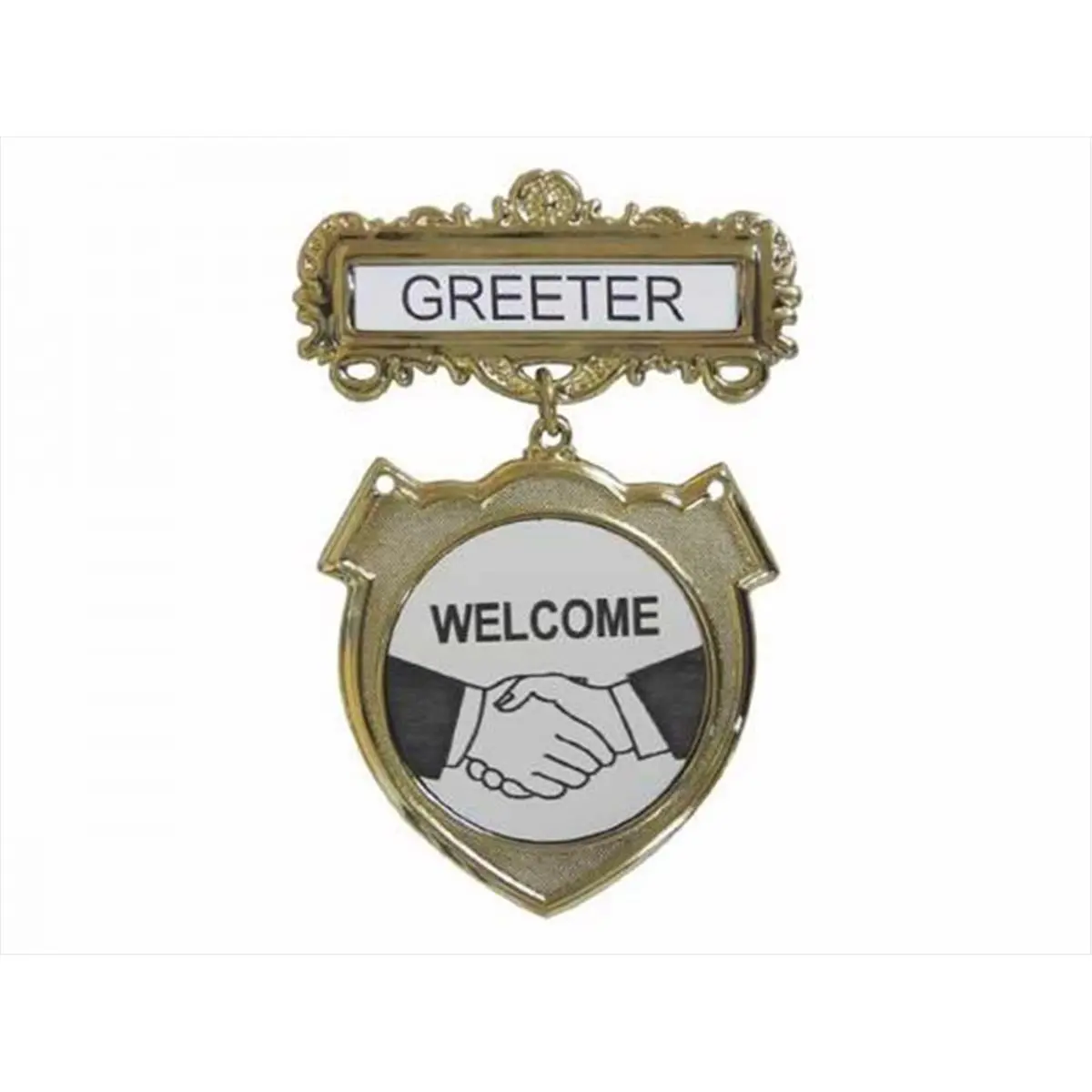 Swanson Christian Supply Designer Usher Badge, Unisex Brass Shield Pin with Welcome Decal, Large, 3 1/2 in., Shield Decal, Welcome Shield