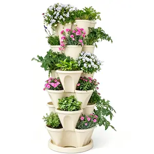6 Tier Vertical Planter Stackable Tower Planters Strawberry Herb Flower and Vegetable Pots Indoor Outdoor Gardening Pots with Removable Wheels and Tools(Beige)