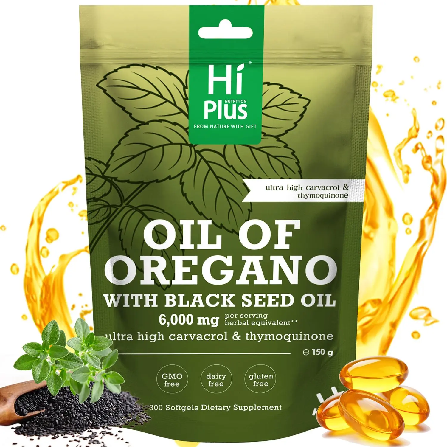 HiPlus Oil of Oregano with Black Seed Oil 300 Capsules | Natural Antioxidants for Fitness | Nutritional Support | Highly Effective Botanicals Edible Dietary Supplement
