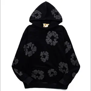 Floral Denim Hoody Trs Flower Pullover Hip Hop Unisex Streetwear Top Comf Casual Basic Long Sleeve Outfits ALL Black  SpringFloral Floral