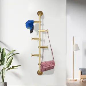 CNCEST Vintage Wall-Mounted Garment Rack, Brushed Brass Adjustable Coat Rack with 6 Swivel Hooks, Retro Brown Entryway Organizer for Hats/Jackets, 44lbs Load Capacity, Easy Setup