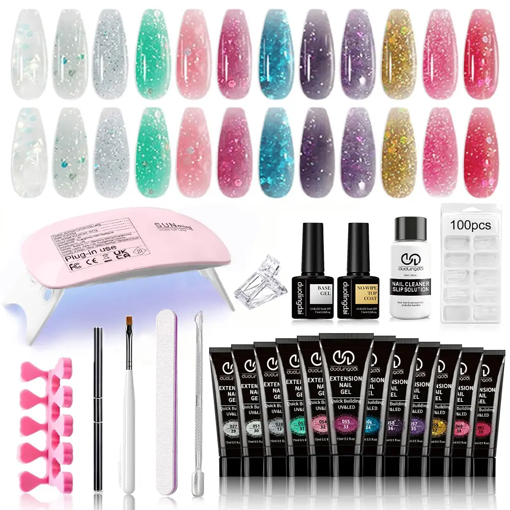 Dld 12 Color Glitter Nail Extension Gel Kit, Gel Nail Kit With UV Light, UV Lamp Included, Long Almond Nails, DIY Manicure Set for Home Use, Beginner Friendly