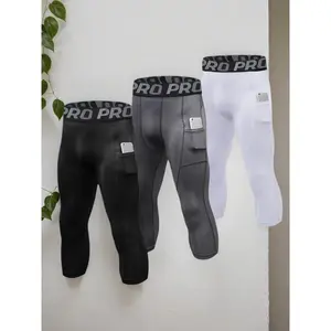 Men's tight pants 3/4 long pants high waisted sports tight fit quick drying yoga sportswear, with letter tape pockets, suitable for joggingRAIMENTRY